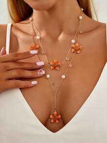 1 Set de 2 piezas Collar con colgante de flor esmaltada colorida, collar de cadena en forma de Y con flor esmaltada 3D, perla falsa y rhinestone, de personalidad dulce y creativa - Naranja - Ver 2