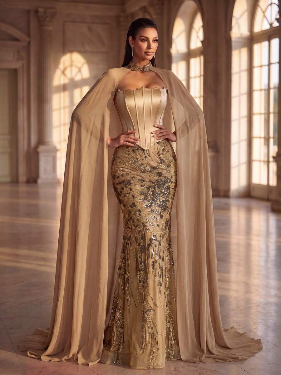 Un vestido de noche de lujo para fiesta y boda con cola de sirena, cuello alto de tul bordado con lentejuelas, cordones y encaje - Camel - Ver 1