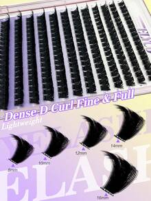 Racimos de pestañas postizas ELYCO 100D216 de 12 filas sin pegamento, de 0.07 mm de grosor y longitud mixta de 8-16 mm, con diseño 3D realista, grueso y rizado, reutilizables, suaves y amigables con la piel, sin irritación y con diseño segmentado para uso diario - D - Ver 3