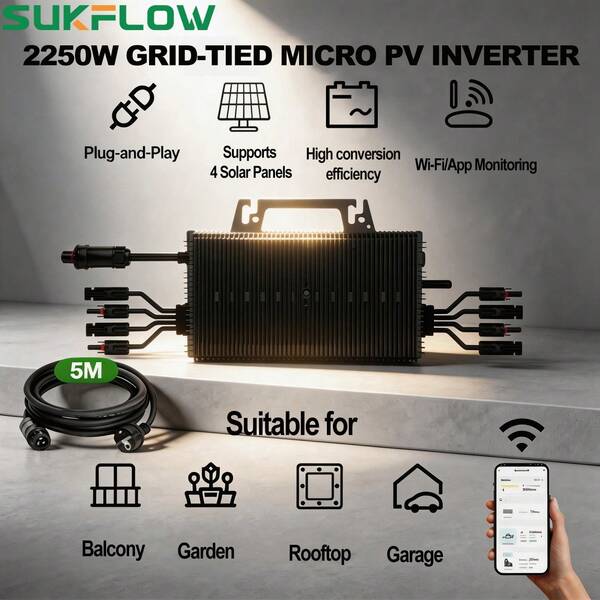 SUKFLOW Microinverter Solare Grid-Tie 2250W per 4 Pannelli Solari – WiFi e Monitoraggio tramite App, Cavo AC 5 m, Plug & Play, Ideale per Balcone, Giardino, Tetto e Garage