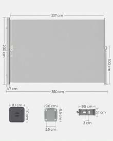 Tenda laterale con cassonetto in acciaio, antiruggine, estensibile, 200 x 350 cm, frangivento, parasole, opaca, tenda laterale per balcone, terrazzo, giardino - Grigio - Visualizzare 2