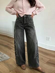 Women's Jeans With Pockets Stylish Mid Rise Casual Star Patch Wide Leg Denim Pants - Dark Grey - View 3