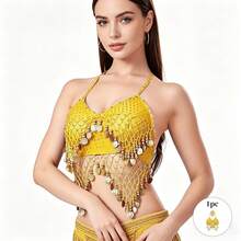 Bộ gồm 1 áo bra cổ yếm thủ công đính sequin và dây buộc tua rua, kết hợp với chân váy kiểu saree đính sequin. Hoàn hảo cho múa bụng, lễ hội, tiệc tùng, đi biển, phong cách boho và retro. - Nhiều màu - Xem 7