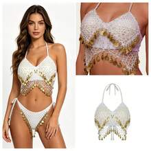 Bộ gồm 1 áo bra cổ yếm thủ công đính sequin và dây buộc tua rua, kết hợp với chân váy kiểu saree đính sequin. Hoàn hảo cho múa bụng, lễ hội, tiệc tùng, đi biển, phong cách boho và retro. - Nhiều màu - Xem 2