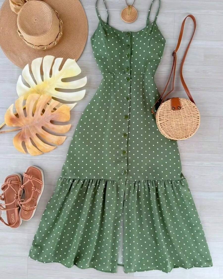 Vestido Midi Feminino Poá Alça Regulável Botões Frontais Elegante Verão Casual  elegante  Casual  Festa    Férias - Verde Menta - Visão 1