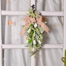 1 pieza Guirnalda de tulipán con lazo de oreja de cordero y gota, decoración artificial verde para colgar en la puerta, adecuada para ambientación de primavera/verano, decoración de pared de estilo granja para días festivos, apta para todas las estaciones, hogar, jardín, boda o regalo - A - Ver 5