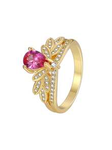 Copper Plated 18K Gold Water Drop Pink Cubic Zirconia Butterfly Ring For Women, Pear-Shaped Pink Gemstone Full Diamond Butterfly Inlaid White Diamond Ring, French Vintage Luxury Jewelry, Suitable For Dating, Evening Party, Wedding, Valentine's Day Gift For Girlfriend, Fade-Resistant Atmospheric Gemstone Jewelry - Gold - View 6