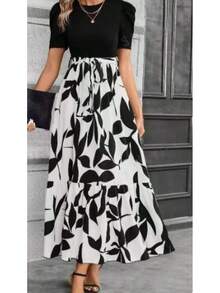Women's Printed Maxi Dress Short Puff Sleeve Crew Neck Tie Waist Casual Long Dress For Daily Wear Party - 白色 - 查看 8