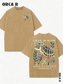 2026 Summer Outfits For WomenStylish And Fashionable Men'S Vintage Washed Short-Sleeve T-Shirt, Comfortable And With A Loose Fit, Featuring A Turtle Design With The Phrase 'LOVE IS KIND LOVE IS PATIENT' From 1 Corinthians 13:4-7, Perfect For Casual Ings, TravelLoose And Comfortablesummer Tops - 黑色 1 - 查看 7