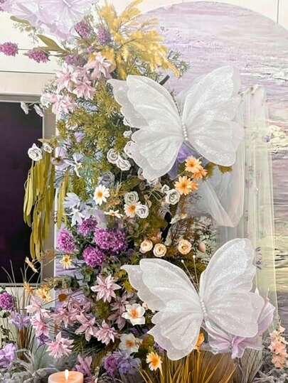 1Pc Extra-Large Rainbow White Butterfly Decoration,3-D Artificial Yarn Butterfly,Bohemian Style Gauze Butterfly,Tulle Fake Butterflies Display,Wedding Accessories,Bridal Shower Favors,Engagement Banquet Decor,Birthday Photo Backdrops,Photography Atmosphere Props,Butterfly Theme Birthday Party Decor,Home Decor,Wreath Decoration,Garden Ornaments