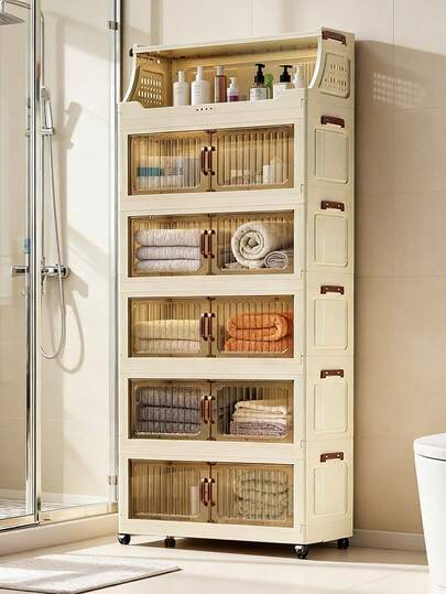 1pc 40-60cm/23.62in Wide Multi-Layer Plastic Double-Door Storage Cabinet, Foldable Clothes Closet, Collapsible Shelving Unit, Home Portable Wardrobe, Living Room Toy Cabinet, Snack Cabinet, Kitchen Storage Cabinet, Christmas & Halloween Gift, Bathroom Tissue Box, Bedroom Floor Rack, Foldable Shoe Rack