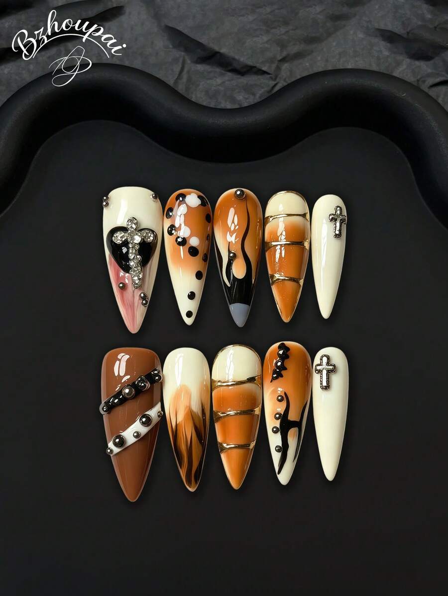 10pcs Transform Your Nails With 3D Handmade Press On Nails Featuring Bold Cross Designs, Alloy Embellishments, Hand-Painted Flame Patterns, And Dimensional Accents-Perfect Long Acrylic Press Ons For Edgy, Statement-Making Style. - 白色 - 查看 1
