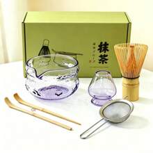 2/5 piezas Juego de batidor de matcha de vidrio con forma de mariposa - Tazón de matcha japonés, batidor de matcha de bambú, colador de té, cuchara, tamiz, soporte para batidor, kit de inicio perfecto para la ceremonia del té de matcha - Multicolor - Ver 2