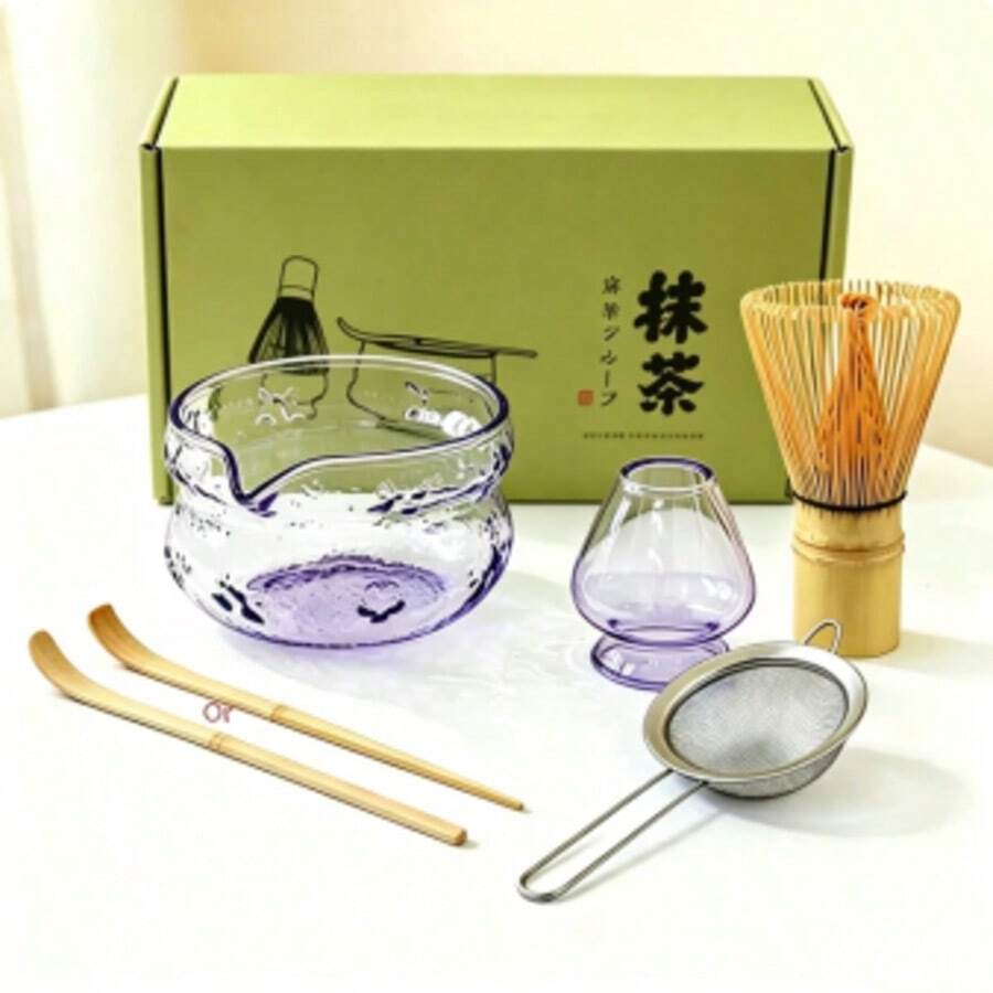 2/5 piezas Juego de batidor de matcha de vidrio con forma de mariposa - Tazón de matcha japonés, batidor de matcha de bambú, colador de té, cuchara, tamiz, soporte para batidor, kit de inicio perfecto para la ceremonia del té de matcha