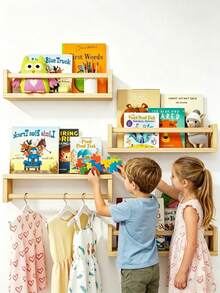 Baby Essentials,Wooden Floating Nursery Book Shelf, Wall-Mounted Book Rack For Kids Books, Toys & Nursery Decor,Natural Wood Floating Book Shelves For Nursery, Set Of 1/2/3 Wall-Mounted Kids Book Racks With Safety Rails, Multi-Use Organizer For Books, Toys & Children's Clothes - Multicolor - View 4