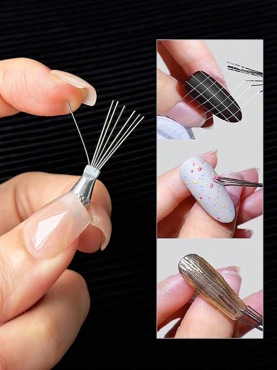 1pc Multi-Function 7-Needle Nail Art Brush, Stainless Steel Non-Slip Handle, Metal Striping Nail Art Tool For Fine Line Drawing - Silver - View 1