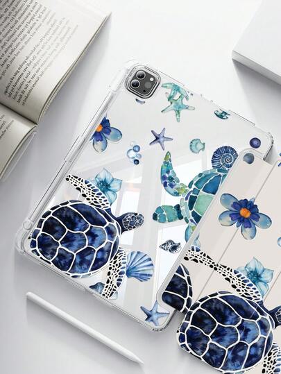 A Cute Cartoon Turtle, Starfish & Flower Print Double-Sided Acrylic Transparent Crystal Back Cover, Shock-Proof, Suitable For IPad 7th, 8th, 10th Generation (10.2 Inch), Built-In Pencil Slot, Support Sleep/Wake Function, Ideal Gift Choice