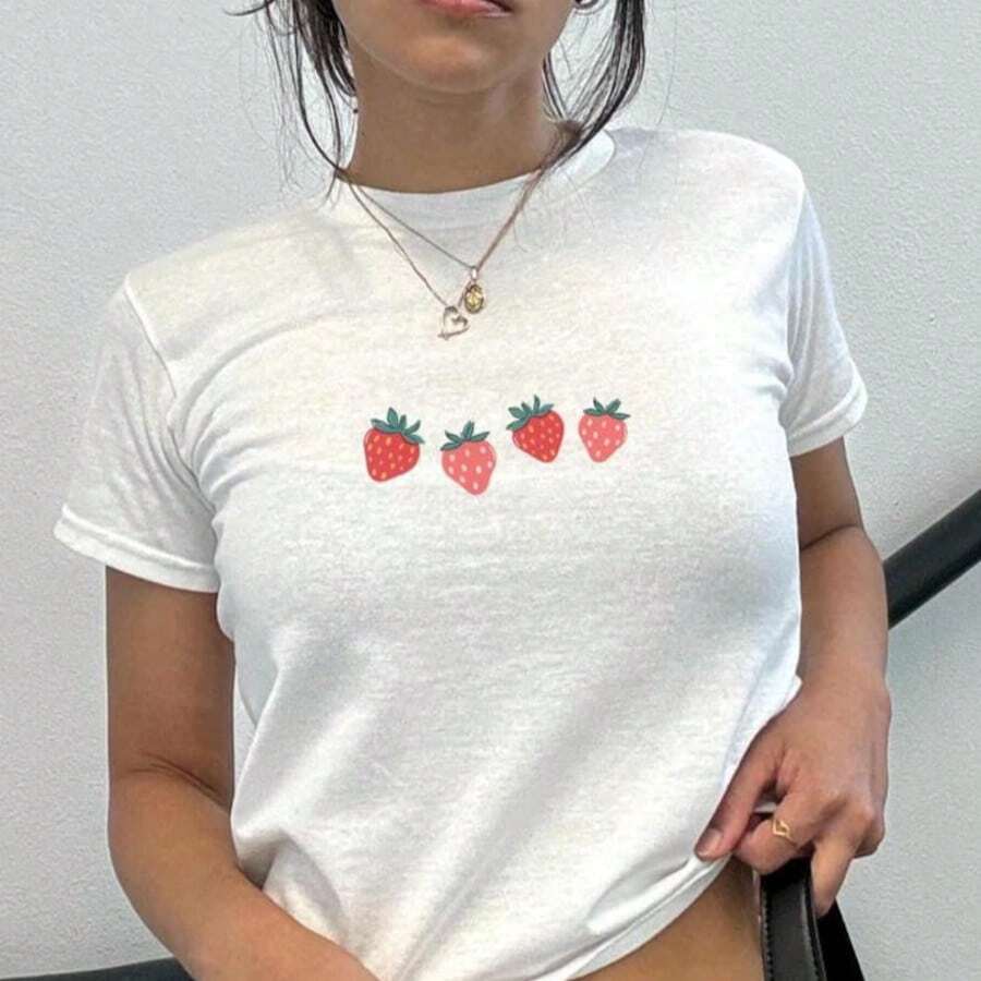 Strawberry Baby Tee _ Fruit Graphic Tee _ Vintage Shirt _ Graphic T-Shirt _ Coquette _ Y2K - 白色 - 查看 1