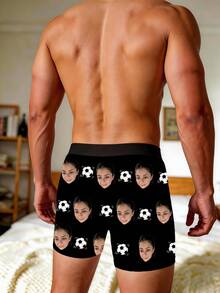 1pc Men's Custom Face & Football Print Black Breathable Elastic Comfortable Novelty Boxer Briefs, Suitable For Football Fans And Daily Wear - Multicolor - View 3