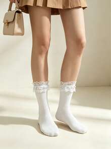 1双女士白色蕾丝边珍珠镶嵌莫代尔面料精致性感甜美复古百搭女士薄袜，略微透明，适合夏季穿着 - 白色 - 查看 4
