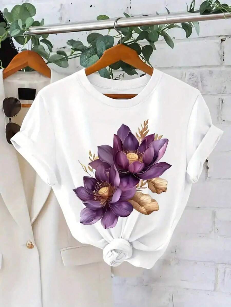 Women's Floral Print Round Neck T-Shirt - Purple & Gold Botanical Design, Breathable Casual & Semi-Formal Top For Summer Parties, Leisure Wear, Versatile Short-Sleeve Shirt For All Seasons, Comfortable & Elegant Style, Easy Care (Local Delivery) - Sleep - White - View 1