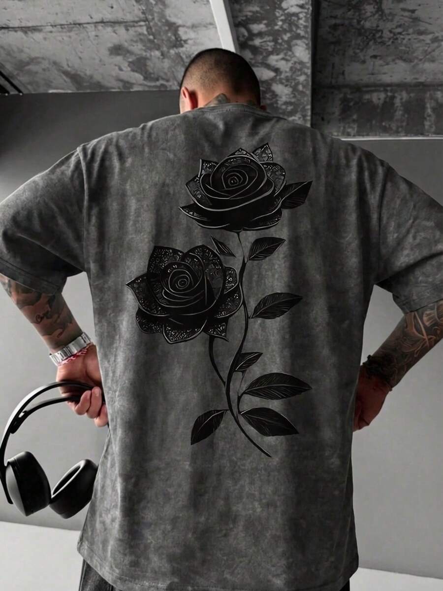 Men's Casual Fashion Versatile Rose Flower Print Round Neck Short Sleeve T-Shirt, Summer - Grey - View 1