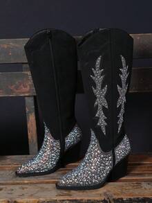 Rhinestone Embroidered Pointed Toe Chunky Heel Vintage Mid-Calf Fashion Boots For Women - Black - View 7