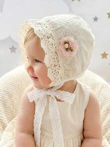 1pc White Pointed Lace Flower Retro Hat, Embroidered Headpiece, Soft Regal Style Cap - Pink Floral Print - View 6
