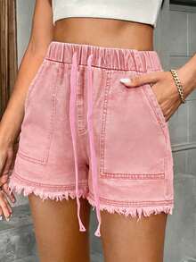 ARWY Solid Color Casual Loose Drawstring Women Denim Shorts, Suitable For Daily, Vacation, Beach, Travel, All Seasons, Back To School, Easter, Halloween, Christmas Summer - Baby Pink - View 5