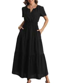 Rainday Womens Casual Maxi Dresses Fashion Holiday Short Sleeved Elastic Waist Beach Boho Dress With Pockets - Z3918bk - 查看 1