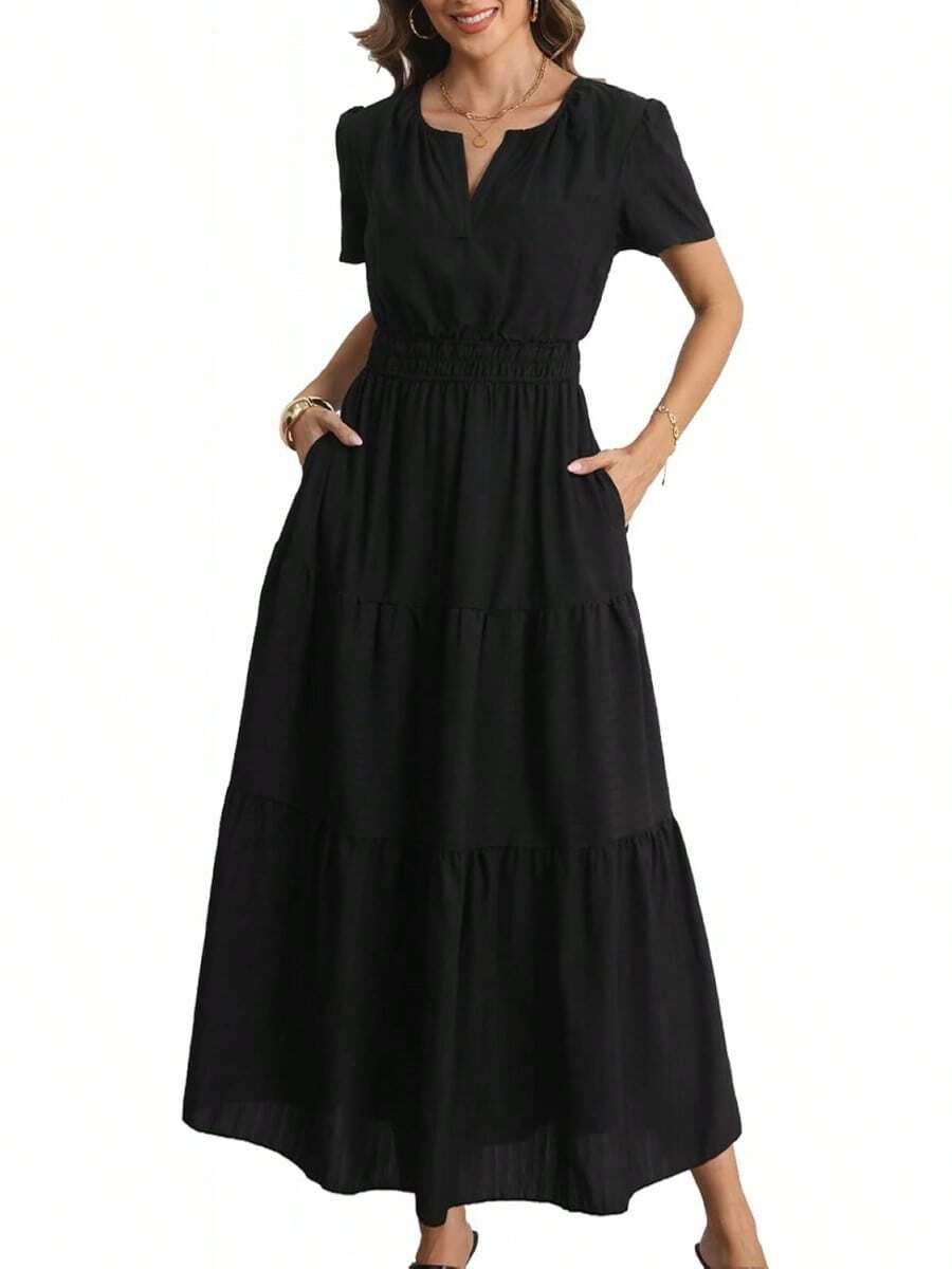 Rainday Womens Casual Maxi Dresses Fashion Holiday Short Sleeved Elastic Waist Beach Boho Dress With Pockets - Z3918bk - 查看 1