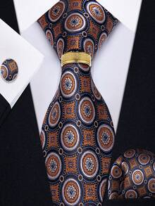 Juego de 4 piezas para hombre con corbata, pañuelo de bolsillo, gemelos y anillo dorado con patrón barroco marrón vintage para boda, fiesta, banquete o baile - Marrón - Ver 1