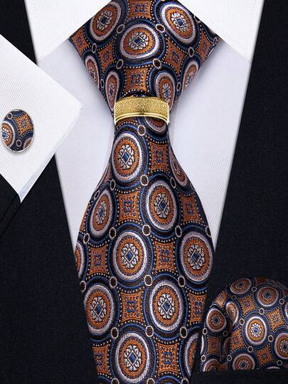 Men Vintage Brown Baroque Pattern Tie Pocket Square Cufflinks With Golden Ring 4 Piece Set For Wedding Party Banquet Prom