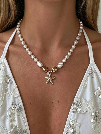 1件复古优雅波西米亚风金属海星吊坠白色珍珠串珠项链，适合女性日常、海滩和旅行佩戴
