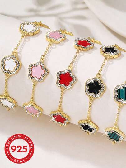 1pc 925 Sterling Silver 5-Petal Flower Diamond Inlaid Women's Bracelet, Suitable For Daily Wear And Parties, Exquisite Jewelry Gift