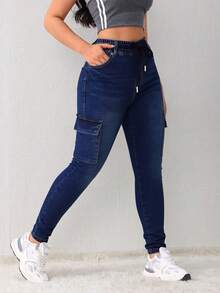 Skinny Cargo Jeans With Drawstring And Multiple Pockets, Elastic Butt-Lifting Effect - Blue - View 3