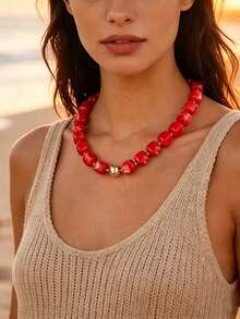 1/6 pièces Collier de perles carrées épaisses en PMMA de style bohème, pour femmes, vacances d'été/tenue de fête, cadeau de bijoux de mode pour la famille et les amis - Collier carré à perles dorées - Voir 11