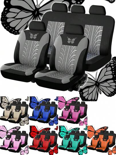 9pcs/Set (4pcs/Set) Universal Butterfly Pattern Embroidered Car Seat Covers, Made Of Polyester Fabric, Suitable For All Seasons, Washable, Fit For SUV, Sedan, Van And Other Vehicle Models, Compatible With Airbags, Universal Size And Tire Shape, Car Seat Protector, Full Set Of Car Seat Covers, Auto Accessories