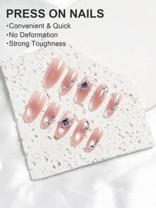 30 piezas de pegatinas de uñas con forma de almendra de longitud media, fondo desnudo de gelatina, aura de ojo de gato, polvo de diamante, diseño que incluye ojo de gato, tinte halo, rubor en polvo, rhinestone, estilo francés, que incluye: 1 pieza de gel de gelatina y 1 pieza de lima de uñas adecuada para la vida diaria de mujeres/niñas, fiestas y belleza, arte de uñas, festivales, regalo de cumpleaños, regalo, temporada de graduación, vacaciones, viajes, ceremonias de graduación, Día de la Madre, Día de San Valentín - Multicolor - Ver 3