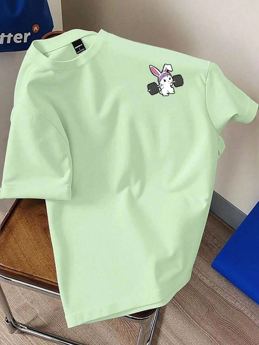 1pscClaim Dot Camiseta de manga corta con estampado de conejo de dibujos animados negro clásico y versátil para fitness, camiseta casual deportiva unisex de cuello redondo100% Cotton - Verde - Ver 1