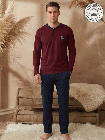 Cotton More 100% Cotton Men's Plus Size Solid Color Long Sleeve Henley T-Shirt & Elastic Waist Relaxed Fit Lounge Pants Soft Breathable Homewear Sleepwear Pajama Set Big & Tall Cozy Nightwear