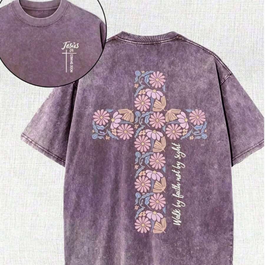 Summer Tops2026Christian Washed T-Shirt, Jesus, Faith, Floral Cross Pattern T-Shirt "Walk By Faith Not By Sight","Jesus Is Coming Soon", Religious Ele - 玫紅色 - 查看 1