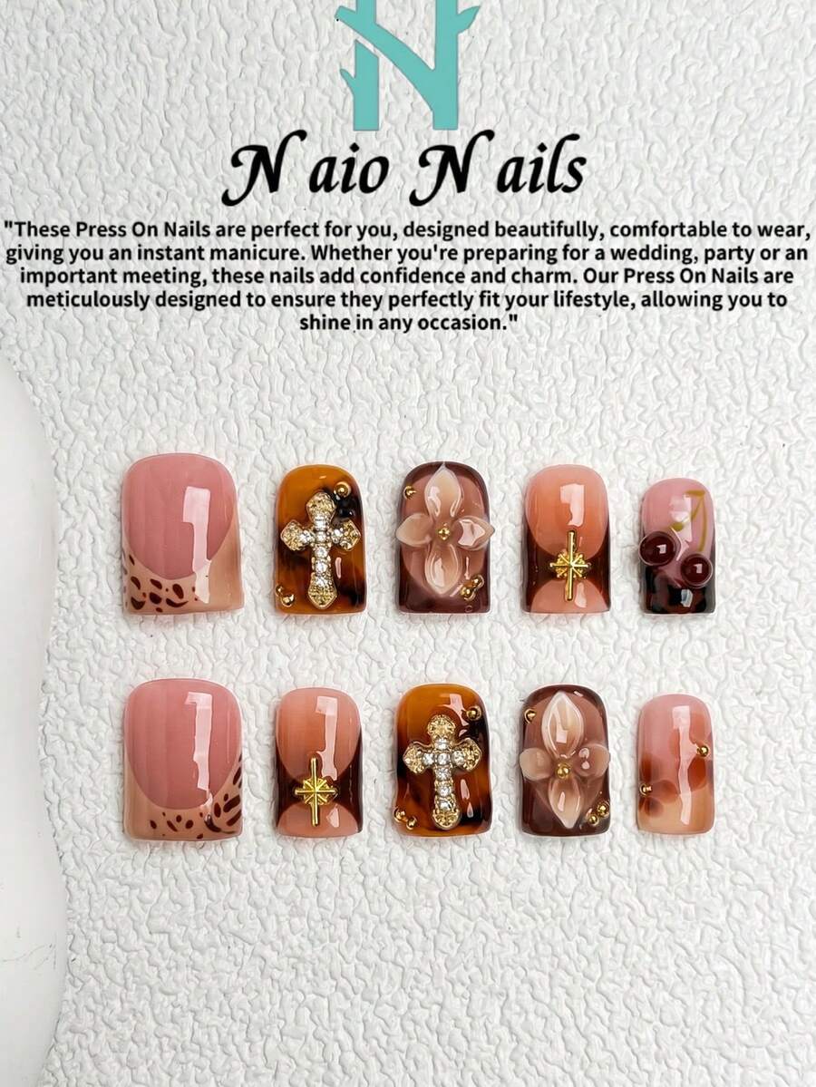 NAIO 10pcs/Set Handmade Square Nail Tips, Y2K Baddie Style, Nude, Brown, Black Color With French Edge, Zebra, Leopard, Embossed, Cream Texture, Rivet Design, Suitable For Women And Girls, Party, Daily Wear, Comes With Tool Kit, Great Gift For Ladies Nails Nail Supplies Handmade Press On Nails - Multicolor - View 1