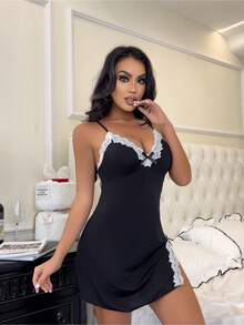 Plus Size Sexy Slip Dress, Home Wear, Comfortable Dress - 黑色 - 查看 5