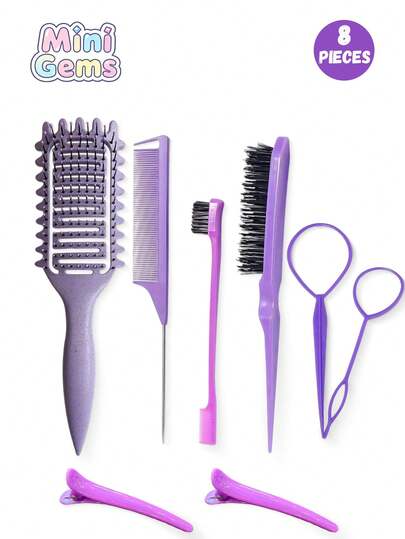 8pcs Professional Hairstyling Tool Set, Includes Combs, Backcombing Brush & Hair Accessories, Suitable For Girl