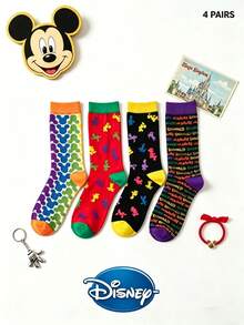4 Pairs Disney Elements Cartoon Mid-Calf Socks For Female Students & Teenagers, Cute Funny Contrast Color Pattern Socks, Personalized Interesting Socks For Spring & Autumn - Multicolor - View 1