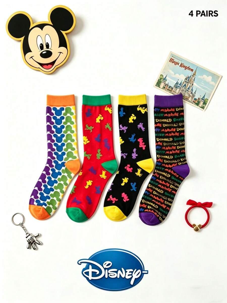 4 Pairs Disney Elements Cartoon Mid-Calf Socks For Female Students & Teenagers, Cute Funny Contrast Color Pattern Socks, Personalized Interesting Socks For Spring & Autumn - Multicolor - View 1