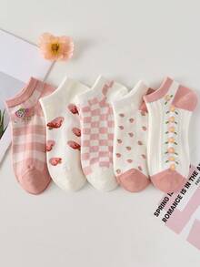 5 Pairs Women's Pink Floral & Diamond Pattern Cute Sailor Socks, Suitable For Home Wear All Seasons - Multicolor - View 7