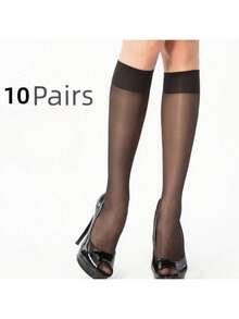 5 pares de medias de nailon negro semi-transparentes hasta la pantorrilla para mujer, de moda y versátiles para uso diario, calcetines cómodos - Negro - Ver 9