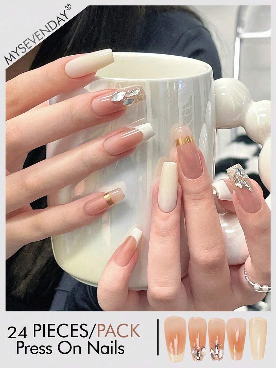24片方形/甜美黑色杏仁形假指甲,Y2K风格,适合日常通勤、派对和休闲装扮 - 彩色 - 查看 1
